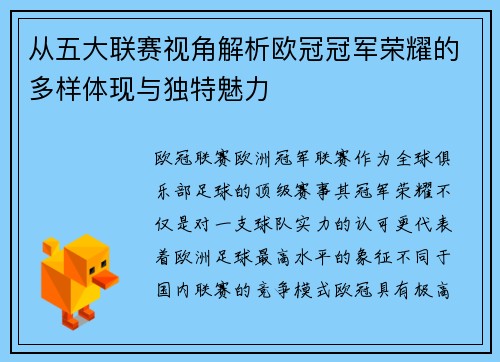 从五大联赛视角解析欧冠冠军荣耀的多样体现与独特魅力