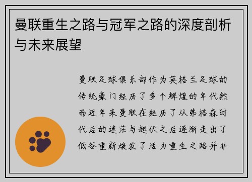 曼联重生之路与冠军之路的深度剖析与未来展望